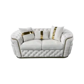 2 Seater Sofa | Beige Velvet Fabric | Solid Wood Construction | Gold Stainless Steel Trim