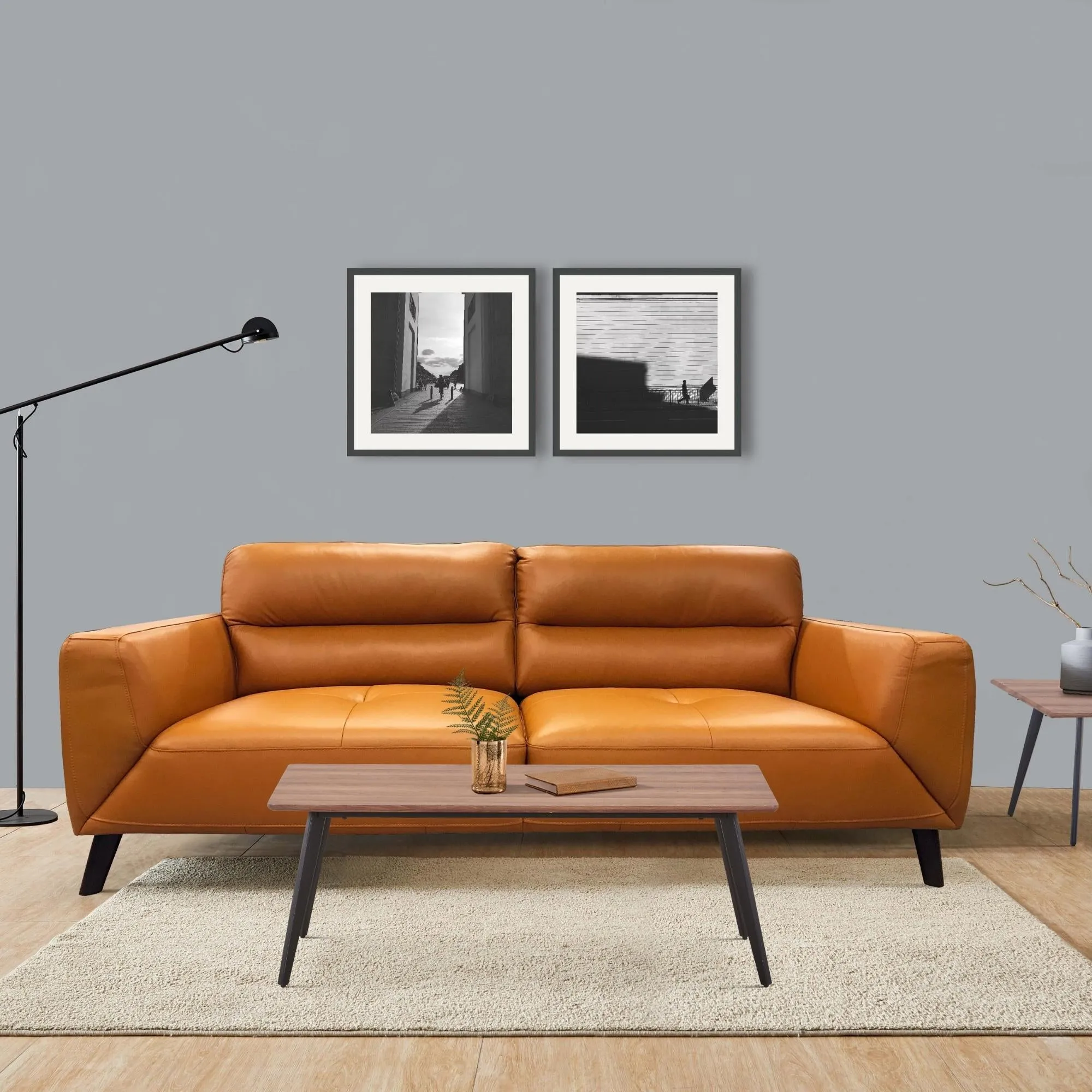 2 Seater Sofa | Genuine Leather | Upholstered Lounge Couch | Downy Tangerine