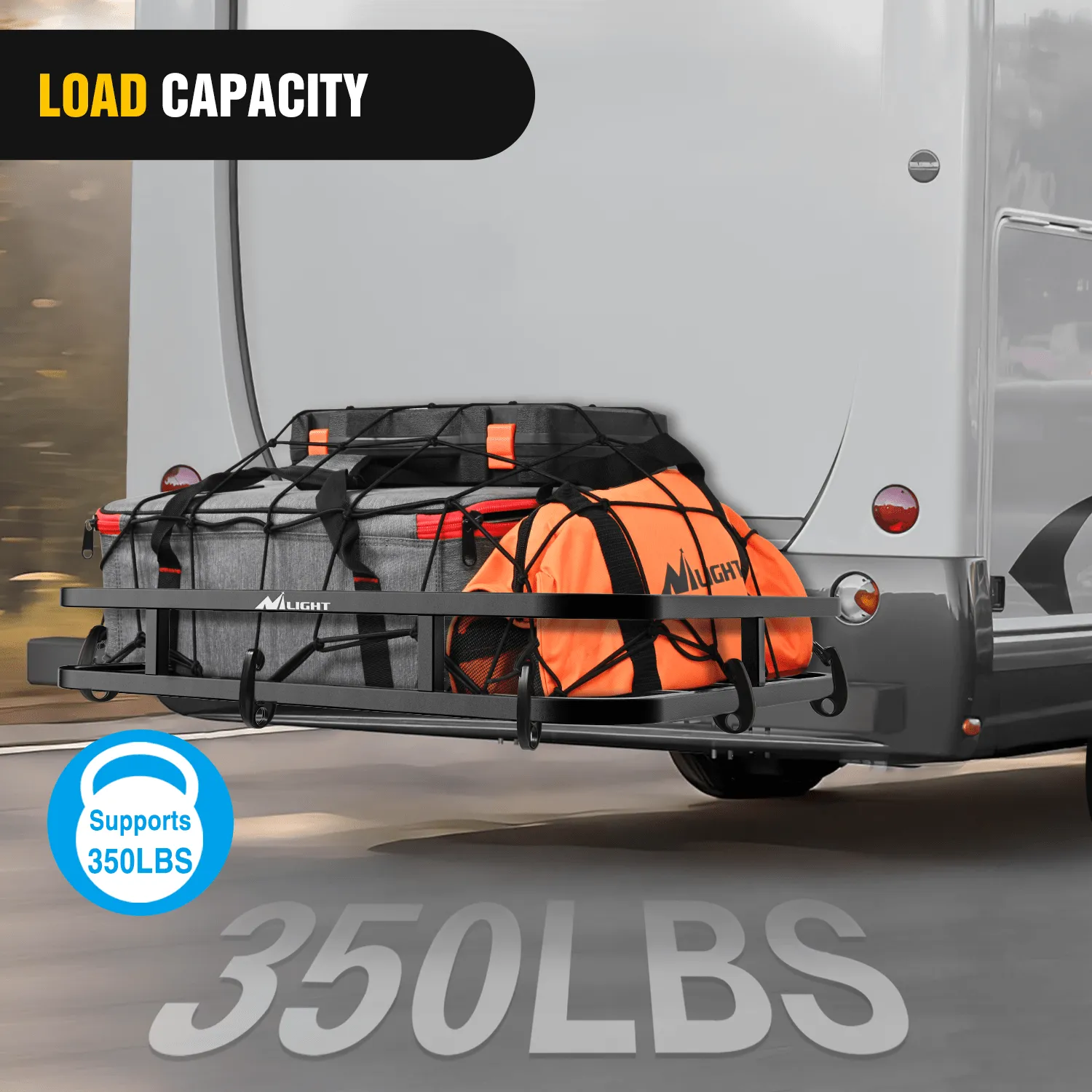 32¡Á26¡Á4 Inch RV Bumper Mounted Cargo Rack Carrier with Net Fits 4-inch or 4-1/2-inch Bumpers