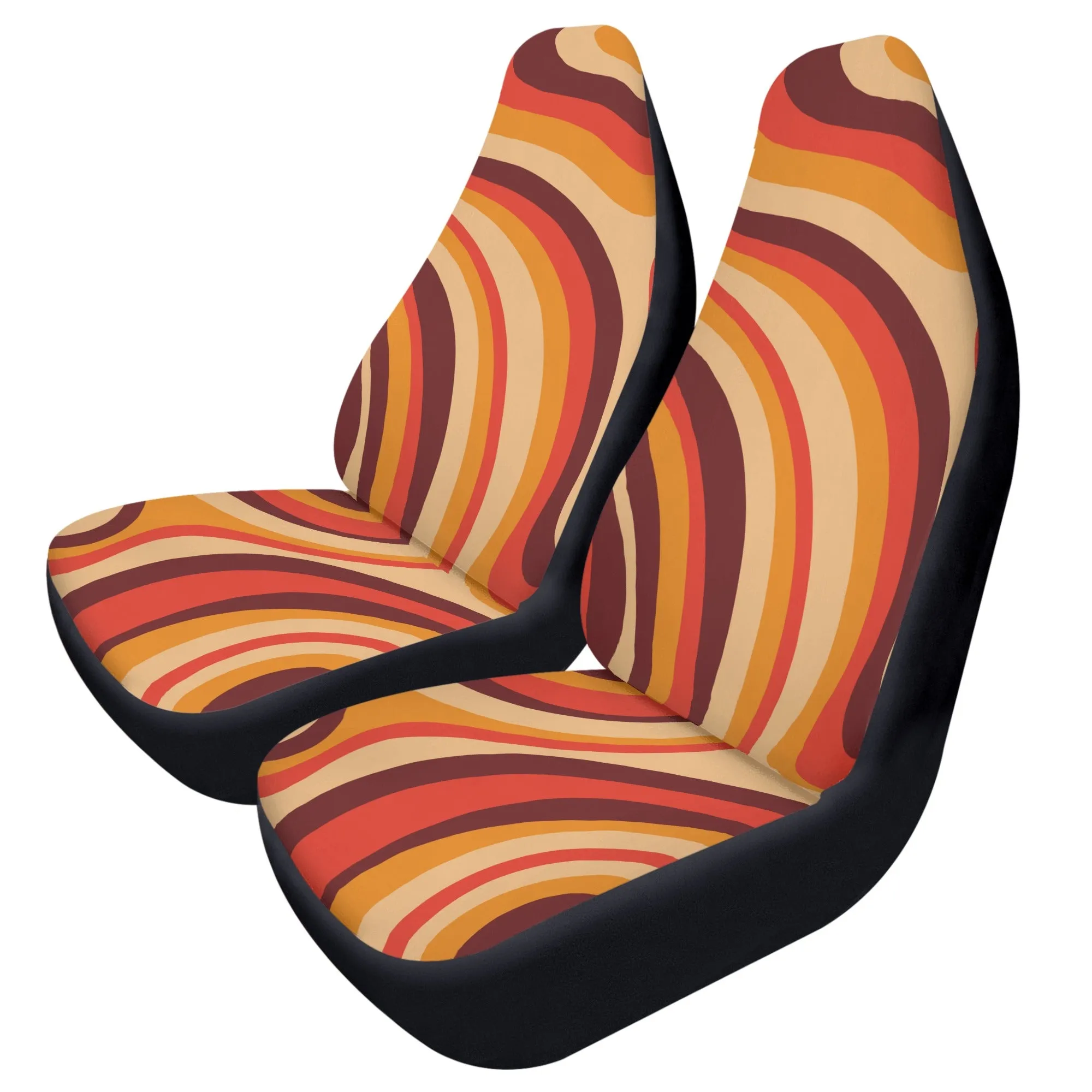 70s Stripe Car Seat Covers (2 pcs), Brown Orange 1970s Pattern Auto Front Seat Dog Pet Vehicle SUV Universal Protector Accessory Men Women