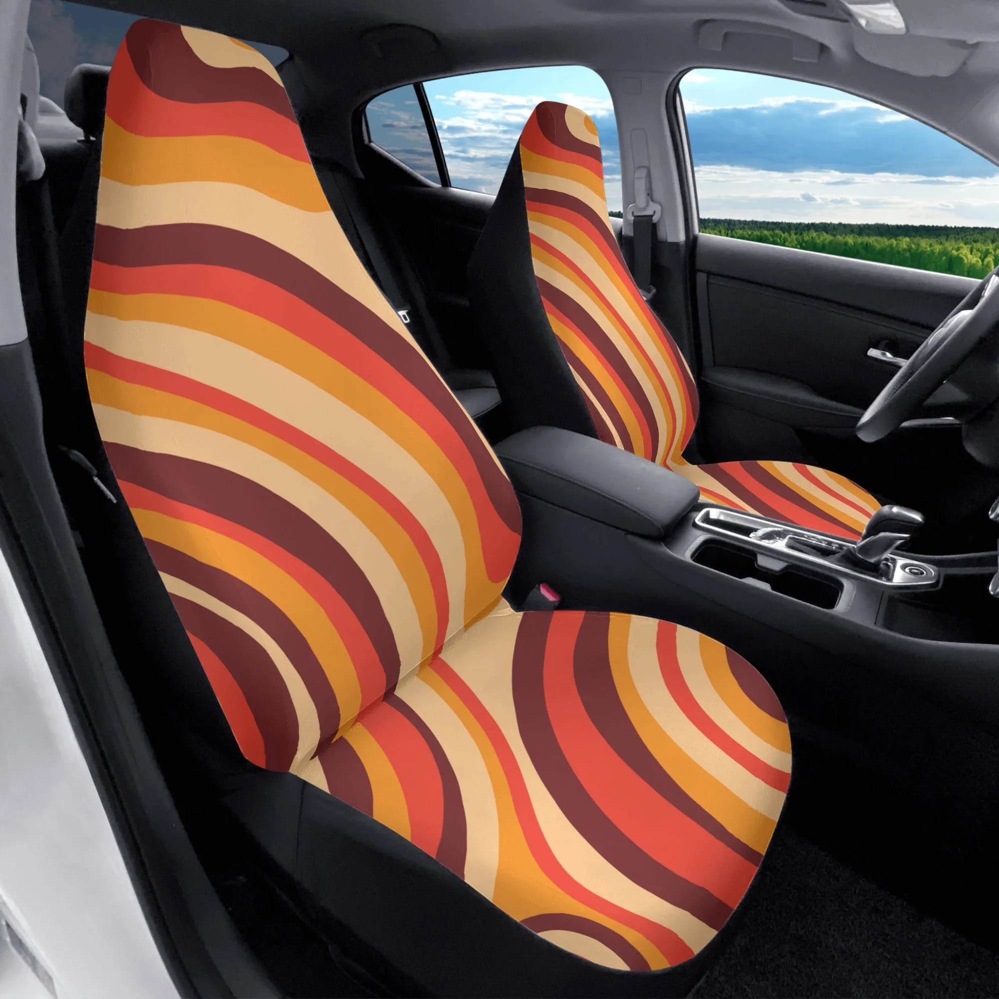 70s Stripe Car Seat Covers (2 pcs), Brown Orange 1970s Pattern Auto Front Seat Dog Pet Vehicle SUV Universal Protector Accessory Men Women