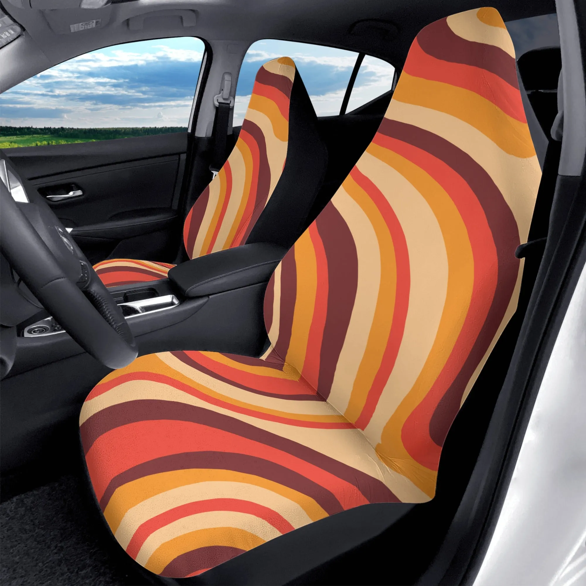 70s Stripe Car Seat Covers (2 pcs), Brown Orange 1970s Pattern Auto Front Seat Dog Pet Vehicle SUV Universal Protector Accessory Men Women