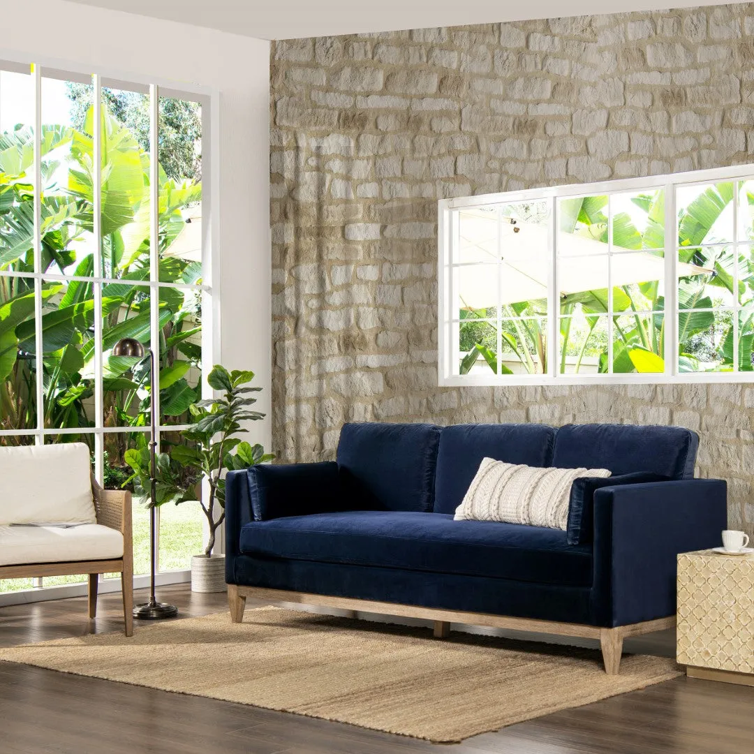 84" Modern Farmhouse Sofa, Navy Blue Velvet, Feather-Down, Birchwood Base