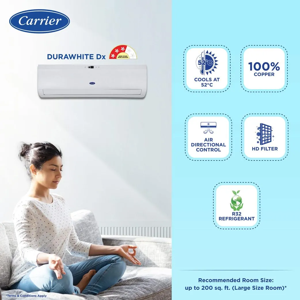 Carrier CAS24DH3R33F0 2 Ton 3 Star Fixed Speed Split AC (Copper,PM2.5 Filter, Auto cleanser,  Durawhite PRO  Ex, White)