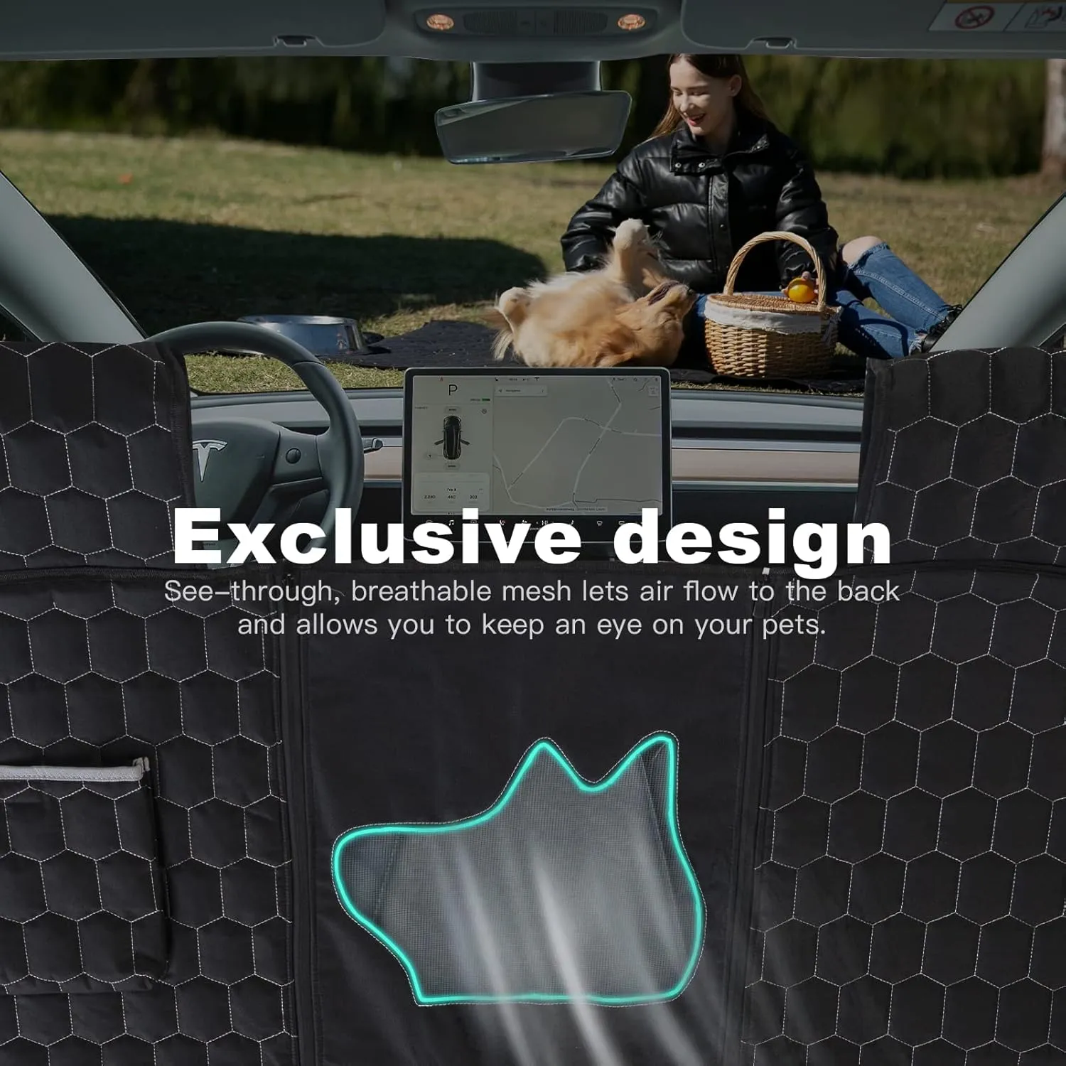 Dog Seat Covers for Back Seat, Car Seat for Tesla Model 3, 100% Waterproof Pet Seat Cover Protects from Scratches, Scuffs, Dog Hammock with Mesh Window & Headrest Protection