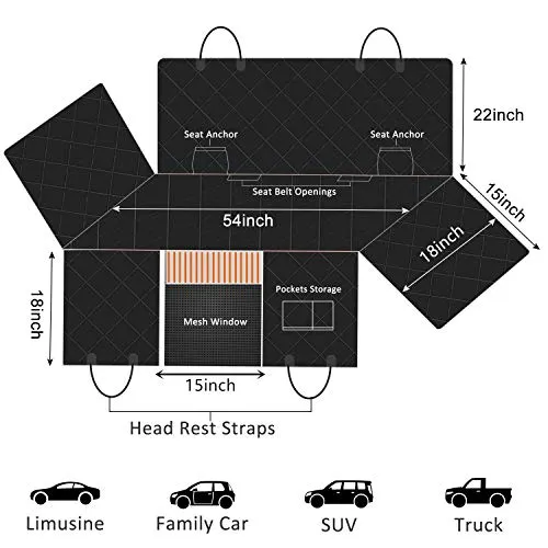 EPICKA Dog Car Back Seat Cover 100% Waterproof for Pets Hammock Durable Washable Scratchproof Nonslip with Mesh Window Universal Size Fit Cars Trucks and SUVs Pet Seat Belt Leash Included