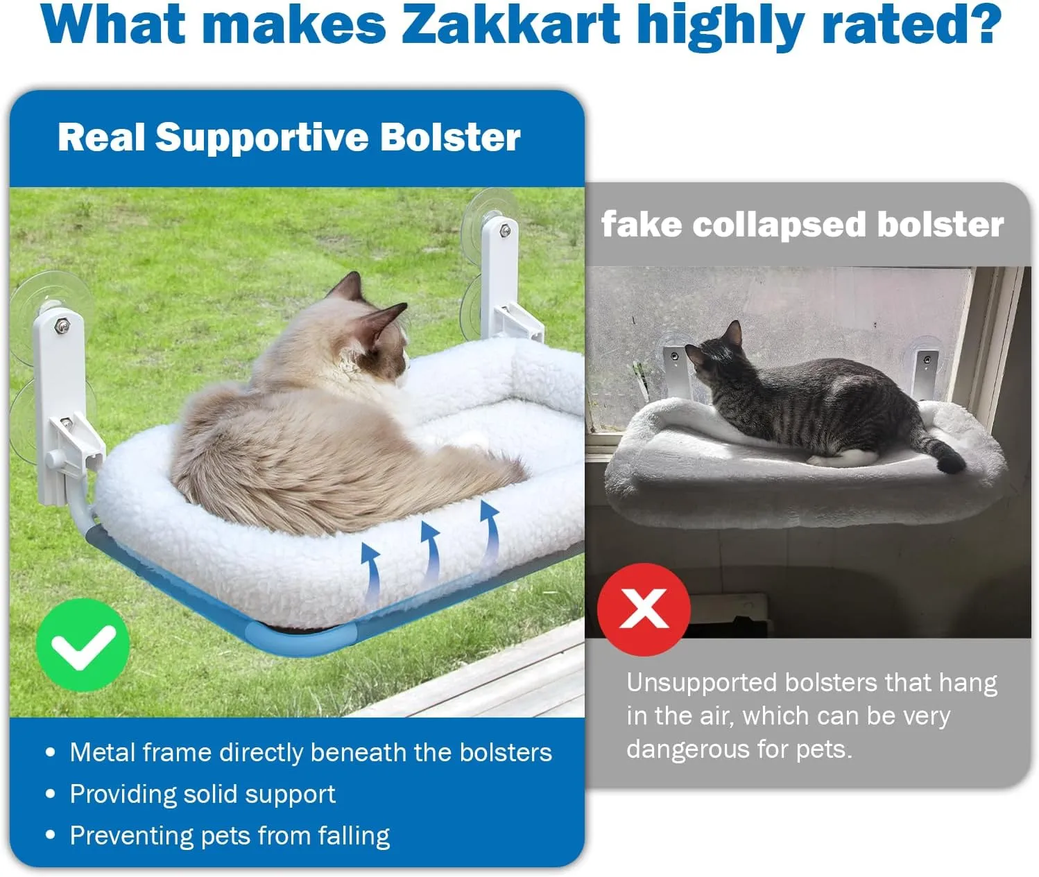 Foldable Cat Hammock for Window - Cordless, Embeded Machine Washable Bed, Robust Metal Frame - Cat Window Perch for Large Cats and Kittens (White Bolster Bed, Medium)