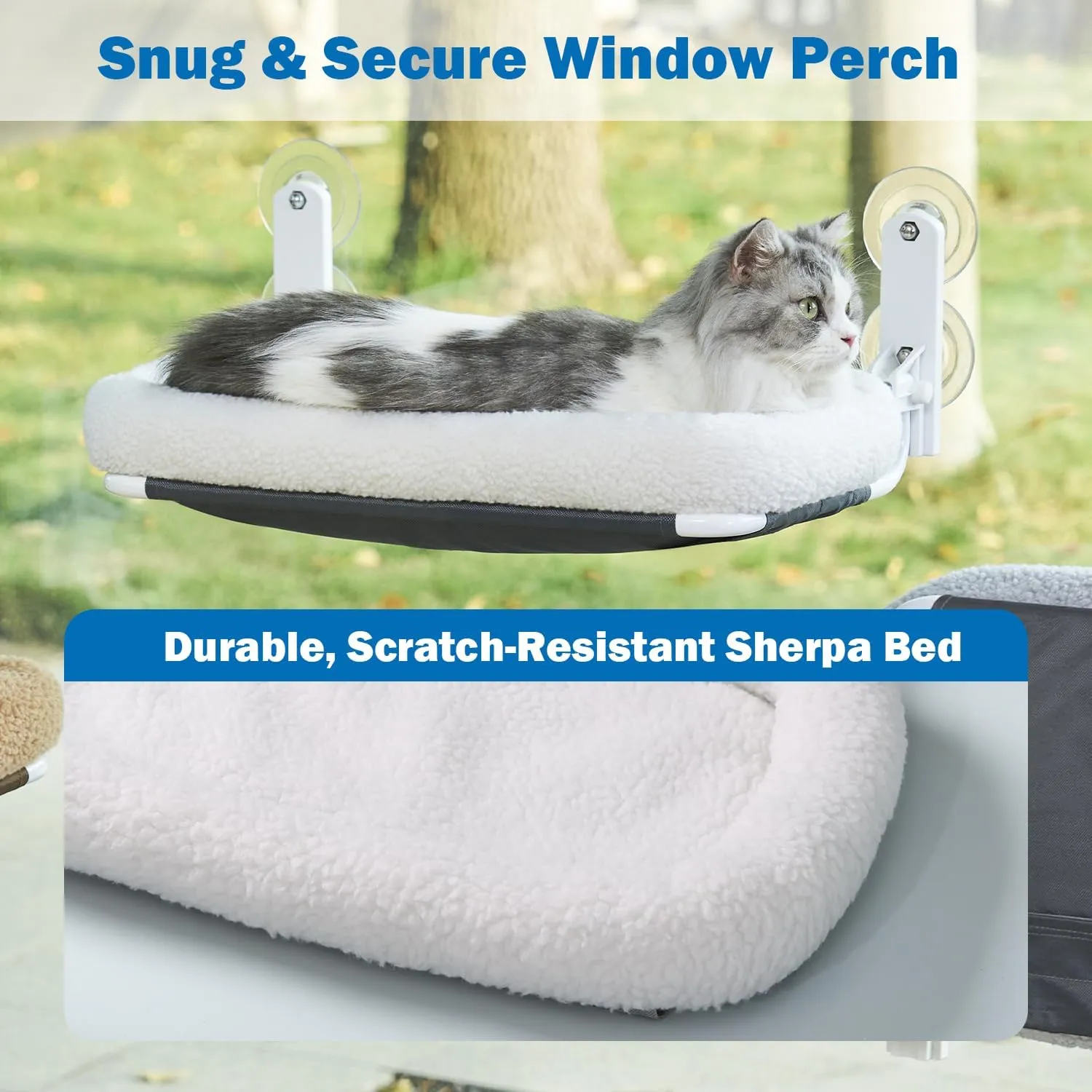 Foldable Cat Hammock for Window - Cordless, Embeded Machine Washable Bed, Robust Metal Frame - Cat Window Perch for Large Cats and Kittens (White Bolster Bed, Medium)