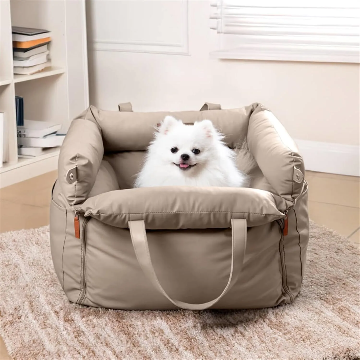 FUNNYFUZZY Dog Car Seat for Small Dogs, Waterproof Dog Car Bed with Storage Pocket, Safety Clip-On Dogs Leash, Detachable Portable Pet Carseat (Grey, 21.65 x 19.69 x 17.72 inches)