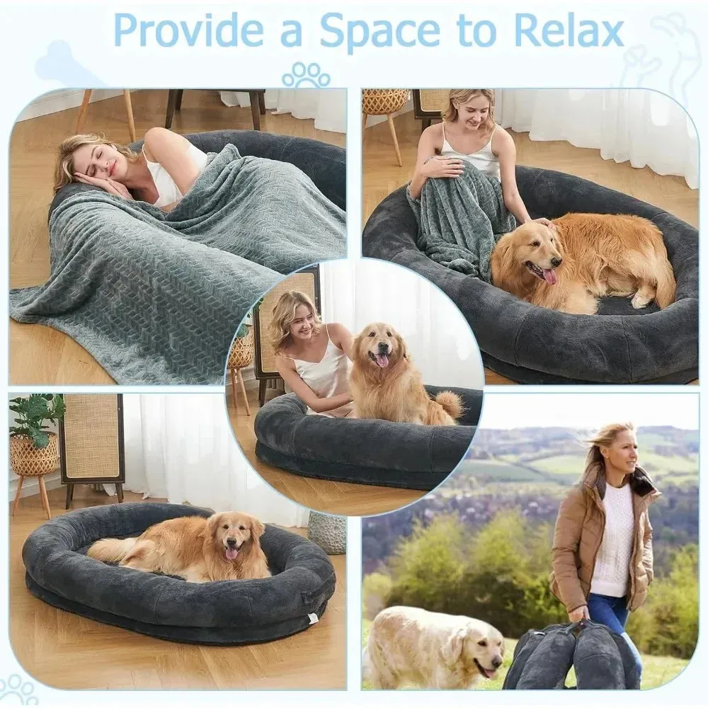 Human-Sized Dog Bed for People - Adults Giant Nap Bed in Dark Grey and Black, 72"x48"x10