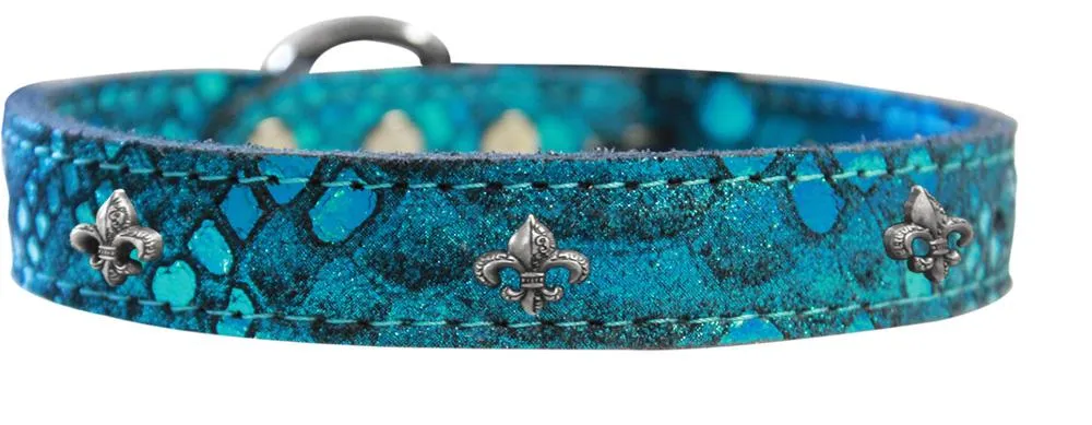 Silver Fleur De Lis Widget Dragon Skin Genuine Leather Dog Collar Blue Size 18