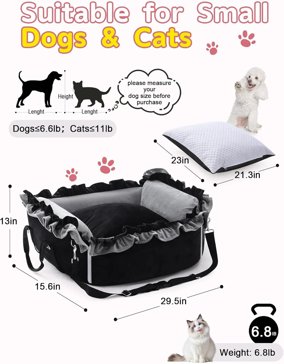 Small Dog Car Seat, Portable Washable Dog Travel Bed for Puppies Up to 25lbs, with Safety Leash & Storage Pockets, Adjustable Straps for Cars, SUVs, and Trucks, Grey/Black