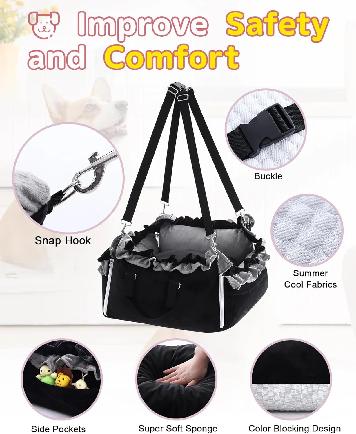 Small Dog Car Seat, Portable Washable Dog Travel Bed for Puppies Up to 25lbs, with Safety Leash & Storage Pockets, Adjustable Straps for Cars, SUVs, and Trucks, Grey/Black