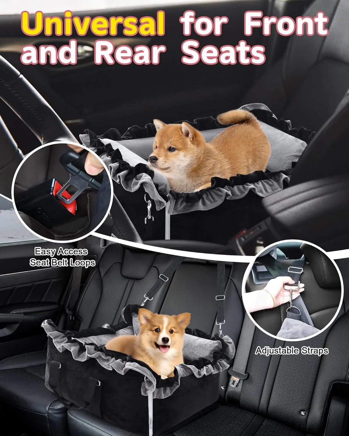 Small Dog Car Seat, Portable Washable Dog Travel Bed for Puppies Up to 25lbs, with Safety Leash & Storage Pockets, Adjustable Straps for Cars, SUVs, and Trucks, Grey/Black