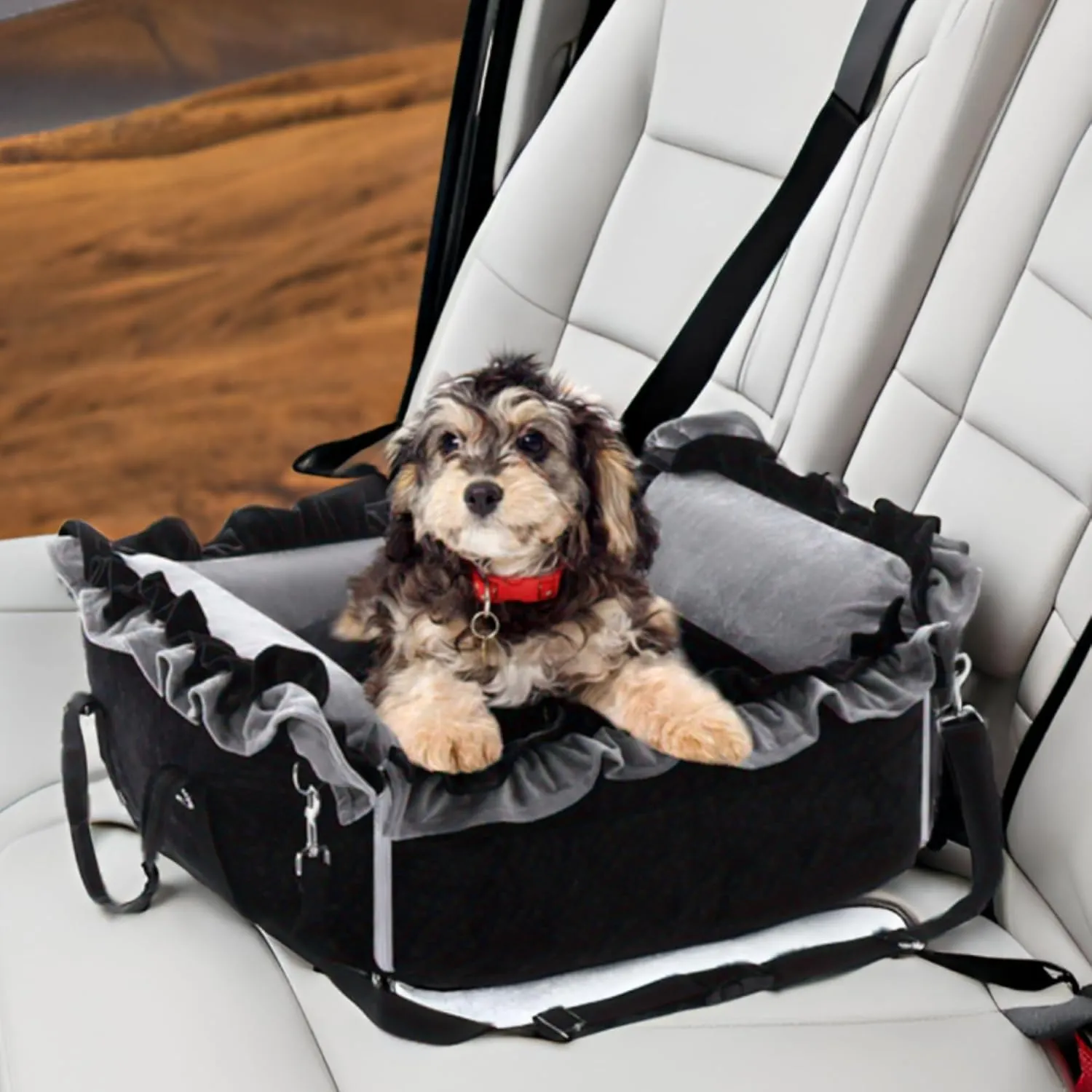 Small Dog Car Seat, Portable Washable Dog Travel Bed for Puppies Up to 25lbs, with Safety Leash & Storage Pockets, Adjustable Straps for Cars, SUVs, and Trucks, Grey/Black