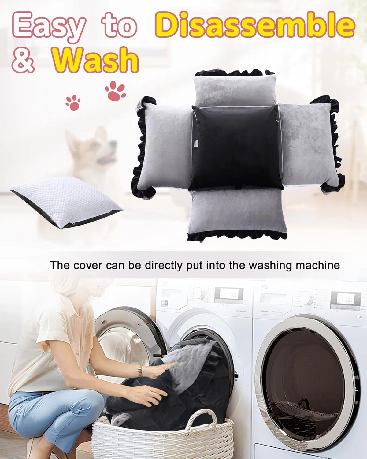 Small Dog Car Seat, Portable Washable Dog Travel Bed for Puppies Up to 25lbs, with Safety Leash & Storage Pockets, Adjustable Straps for Cars, SUVs, and Trucks, Grey/Black
