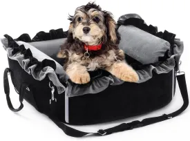 Small Dog Car Seat, Portable Washable Dog Travel Bed for Puppies Up to 25lbs, with Safety Leash & Storage Pockets, Adjustable Straps for Cars, SUVs, and Trucks, Grey/Black