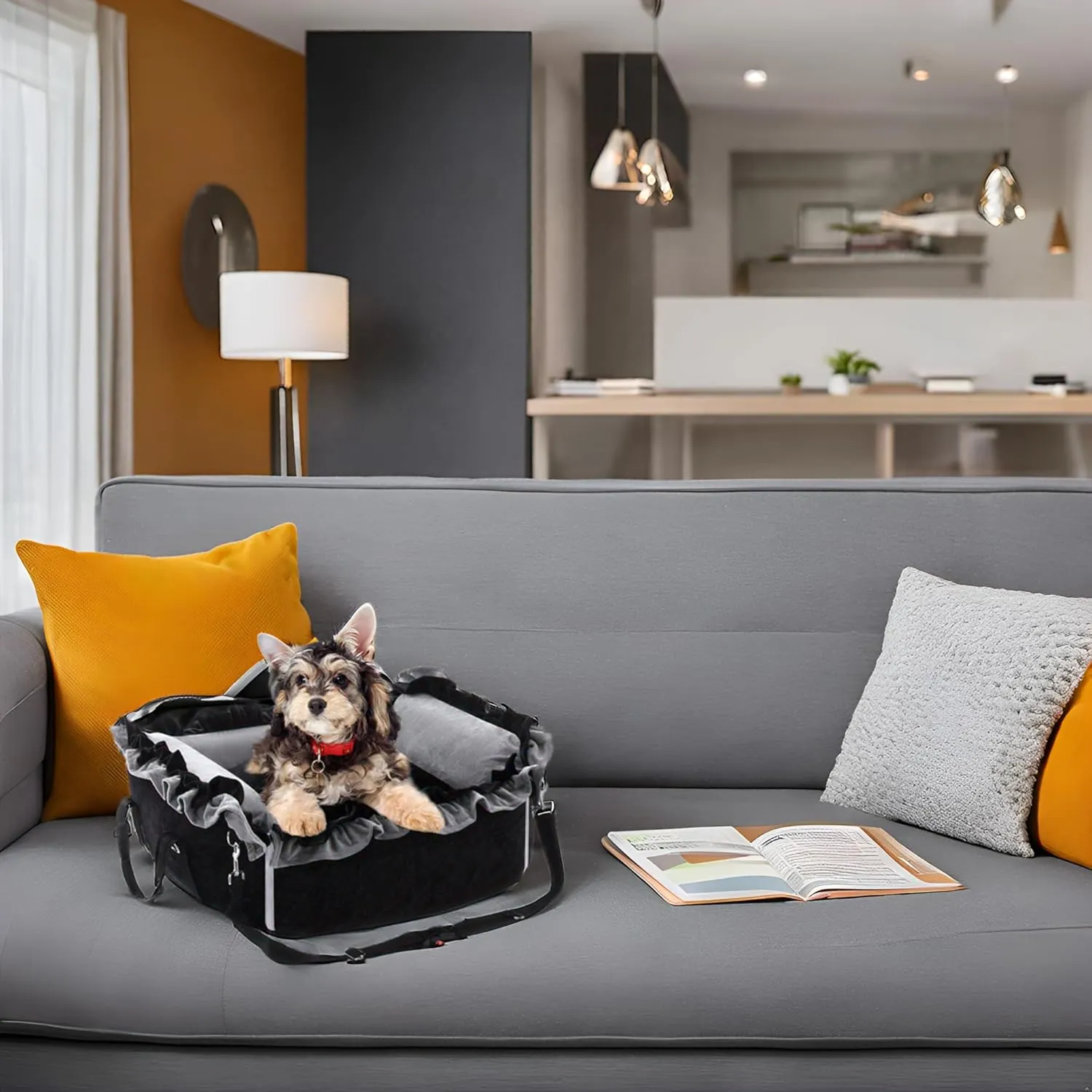 Small Dog Car Seat, Portable Washable Dog Travel Bed for Puppies Up to 25lbs, with Safety Leash & Storage Pockets, Adjustable Straps for Cars, SUVs, and Trucks, Grey/Black