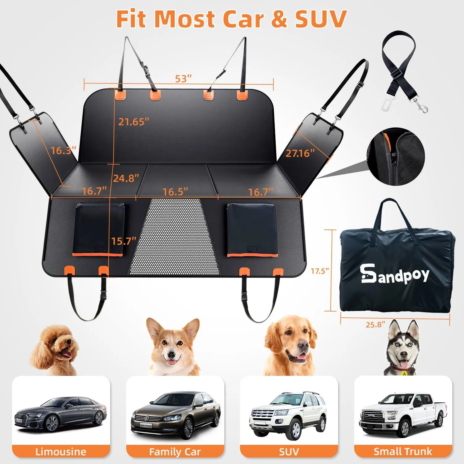 Upgraded PU Thickened Dog Car Seat Cover for Back Seat, Waterproof Back Seat Extender for Dogs with Hard Bottom, Dog Car Seat Cover for Car SUV! Anti-Scratch! Safer! (Holds 400lbs)